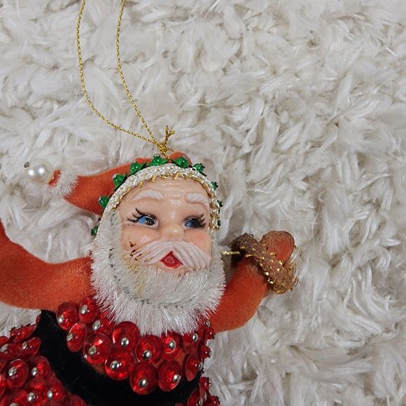 Vintage Mr & Ms Claus Christmas Tree Ornaments Beaded Sequin Felted Figures - Picture 9 of 12